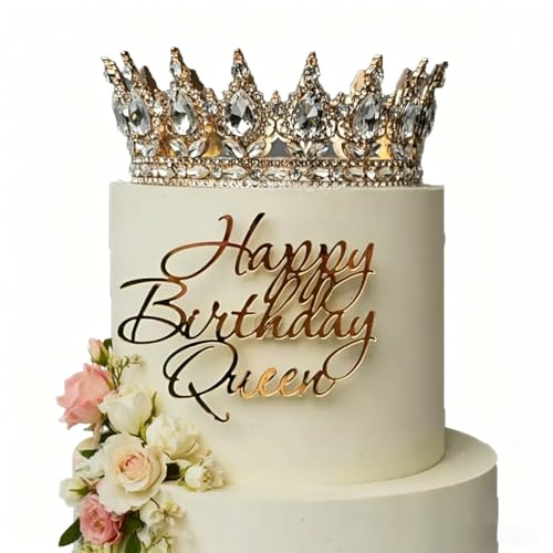 Happy Birthday Queen Cake Topper, Acrylic Gold Queen Birthday Cake Decoration for Women Girls Wedding Birthday Engagement Bridal Shower Party Supplies (GOLD1)