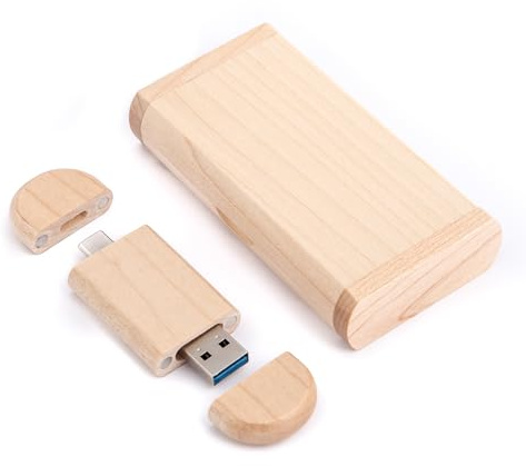 MEMORABBIT Ovaler Holz-Stick in Box, 4–256 GB, USB 2.0–3.0, USB-C 3.1/3.2, graviertes Logo/Text USB Flash Drive Memory Wood Walnuß/Ahorn Holz (1 Stück Ahorn, 64 GB 3.0 + USB-C 3.2)