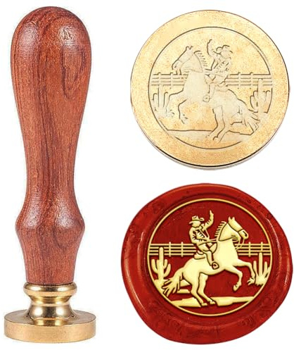 Hobbspring Western Cowboy Pferd Reitender Wachssiegel Stempel 30mm Austauschbarer Messingkopf mit Holzgriff für Briefumschläge Geschenkverpackungen Einladungskarten Dekor