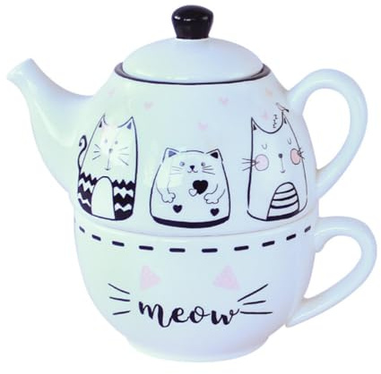 Mobestech Cat Pattern Teapot and Cup Set Ceramic Tea Cup Teapot Set for One Home Kit for Personal Tea Time Daily Use Office Gatherings and Gift Choice