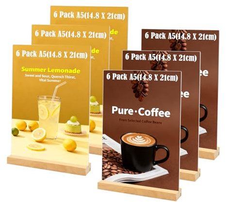 Lre Co. Lot de 6 Présentoir A5 (14,8 x 21 cm) en acrylique avec base en bois, porte affiche A5, porte menu pour tables, double face pour menus, affiches, mariage, restauran