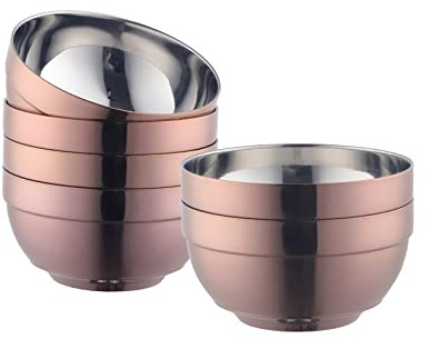 Buyer Star Edelstahl Schüssel Set, 500ml Müslischale 6er Set Doppelwandig Isoliert & Spülmaschinenfest Langlebige Tiefe Suppenschüssel Geeignet für Zuhause Küche & Kind (Roségold)
