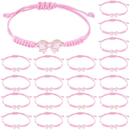 BEAMARKER 1 Box 24Pcs Pink Strick Armband Coquette Bow Armband Verstellbare Polyester Legierung Emaille Bow Charm Cheerleader Seil String Armband Party Gefälligkeiten für Cheerleader Tanz Team Freunde