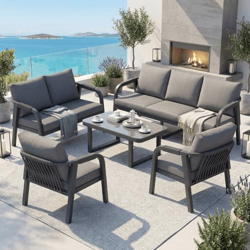 Merax Gartenlounge Set 7 Personen, Outdoor Lounge mit 3-Sitzer, 2-Sitzer Sofa, 2 Sesseln, Couchtisch, Gartenmöbel Set mit Glasplatte, geflochtene Arm- & Rückenlehnen, verzinkter Eisenrahmen, Grau