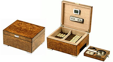 Behälter für Zigarren Humidor Luftbefeuchter 50 Zigarren mit integriertem Aschenbecher Wurzelholz Ulme matt Lubinski