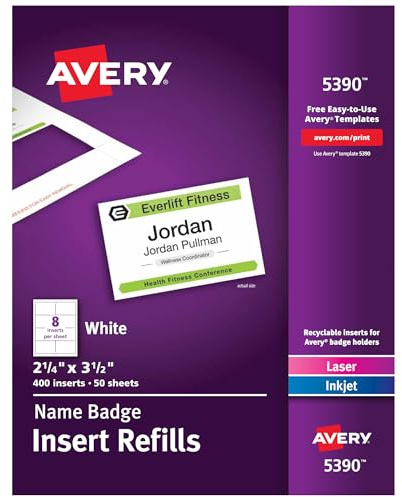 Avery Name Badge Inserts, Print or Write, 2-1/4 Inch x 3-1/2 Inch, 400 Card Stock Refills (5390), White
