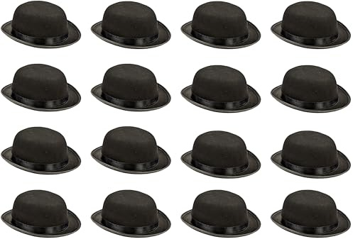 16 x Black Bowler Hats – Adults Fancy Dress Costume Accessories – Classic 1920s Hat for Men & Women – Soft Felt with Satin Band – Twenties, Dance, Victorian & Theatre Props – Unisex One Size Fits Most