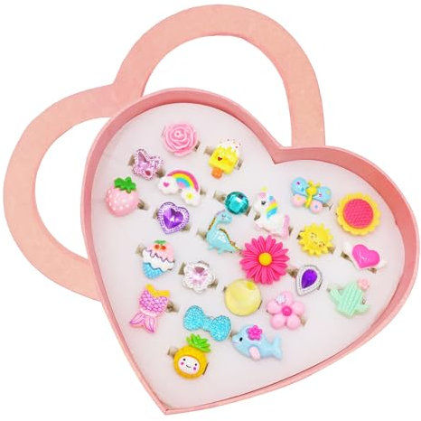 powerking Mädchen Ringe, Verstellbare Schmuckringe Set and Play Dress Up Ringe für Kinder und kleine Mädchen, Meerjungfrau/Schmetterling/Blume Ringe (24 pcs lovely)