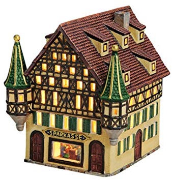 Sparkasse Fachwerkhaus aus Porzellan – Windlicht Lichthaus Miniatur-Modell – B16 x T17 x H17 cm - detailgetreues Dekohaus für Weihnachtsdorf Miniaturwelt Winterdeko Sammlerobjekt Weihnachtsdekoration