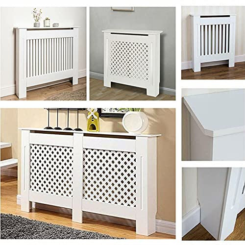 Modern MDF Wooden Medium Radiator Cover Cabinet with Vertical Slat Grill, Premium Eco-friendly MDF, Heat Evenly, Freestanding Frame, Smooth Surface, White Painted
