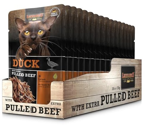 LEONARDO Frischebeutel [16x70g Duck mit Fleischstreifen] Pulled Beef | Getreidefreies Nassfutter für Katzen | Alleinfuttermittel Katzenfutter