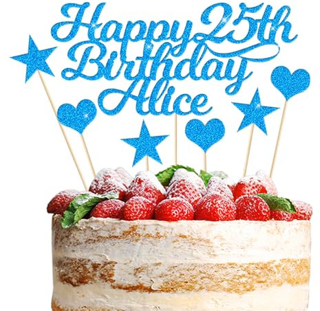 Happy Birthday Cake Topper Personalised 3 Star 3 Heart Customised Any Name Party Cake Decoration Gift Card 1st 18th 21st 30th 45th 60th 80th 100th for Girl Boy Mom Dad Grandparent Blue
