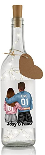 Liebtastisch Flaschenlicht Personalisiert mit Pärchen Motiv - Couple - Jahrestag - Valentinstag - Hochzeit - Für Paare - Für Freund/Freundin - LED Beleuchtung - Deko Flasche