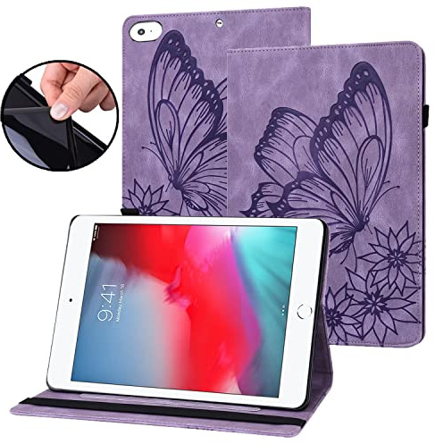 Rostsant Coque iPad Mini 1/2/3/4/5 Papillon en Relief Etui iPad Mini 2019 en Cuir PU Portefeuille Porte-Stylo Tablette Housse de Protection pour iPad Mini 7.9 Pouces 1/2/3/4/5 - Violet