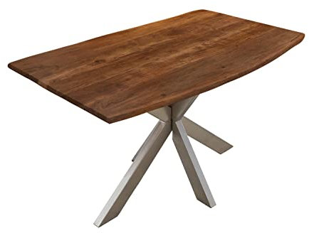 SAM Baumkantentisch 140 x 80 cm Kalea, Akazienholz nussbaumfarben & massiv, Esstisch mit silbernem Spider-Metallgestell, Tischplatte 26 mm, Esszimmertisch, Industrial-Design