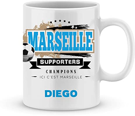 ÉNJA Création. Mug de foot Marseille à personnaliser avec votre prénom - Cadeau personnalisé foot ligue1 OM - Cadeau personalisé fête des pères, fête des papys, anniversaire, Noël