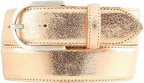 BELTINGER Damen-Gürtel mit Metall-Optik Echt Leder 4 cm | Leder-Gürtel Metallic-Look 40mm glänzend | Metall-Ledergürtel mit runder Gürtelschnalle