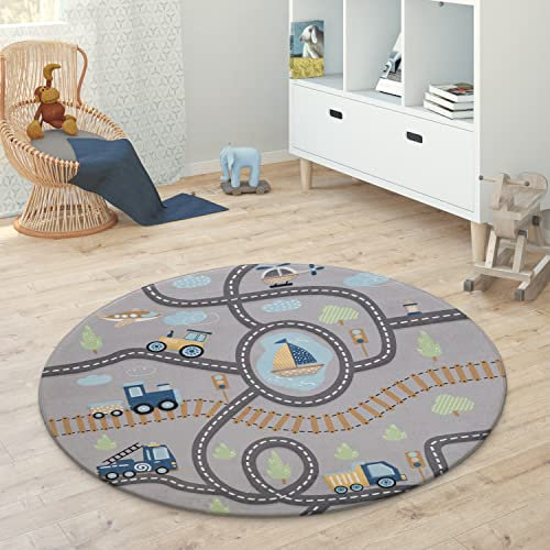 Paco Home Kinderteppich Teppich Rund Kinderzimmer Spielmatte Babymatte rutschfest Stern Mond Elefant Regenbogen, Grösse:Ø 150 cm Rund, Farbe:Grau 2