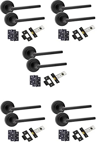 Golden Grace Leon Straight Design Door Handles on Round Rose in Matt Black Finish with Ball Bearing Hinges & 64mm Tubular Latch - 5 Sets