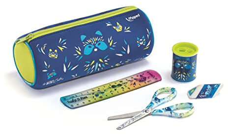 Maped - Kit per accessori scolastici Mini Cute per bambini - 1 astuccio rotondo + 1 paio di forbici 13cm + 1 temperino + 1 Gomma Bianca + 1 righello 15cm - Blu