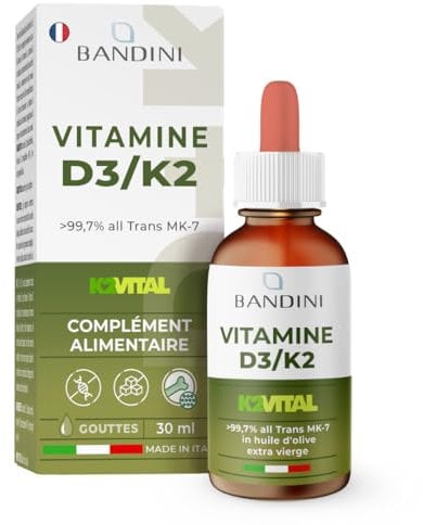 Bandini® Vitamine D3 K2 Gouttes 1000 UI à Forte Dose, D3+K2 Végétarien & Liquide (99,7% All-Trans MK-7), Gouttes des Vitamines D3 et K2, Hautement Dosée en huile d’olive, Fortement Dosé, Biodisponible