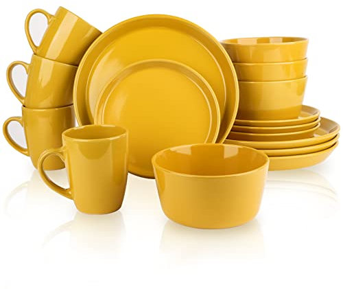 GOOD ALWAYS Plates and Bowls Sets, 16 Pieces Dinnerware Sets, Dishes Set for 4, Christmas, Kitchen Set is Home Essentials, Yellow