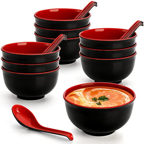 Lyellfe Set of 10 Miso Soup Bowl with Spoon, Restaurant Quality Cereal Rice Bowl, 16 Oz Unbreakable Japanese Dinnerware for Ramen, Udon Noodle, Dishwasher Safe