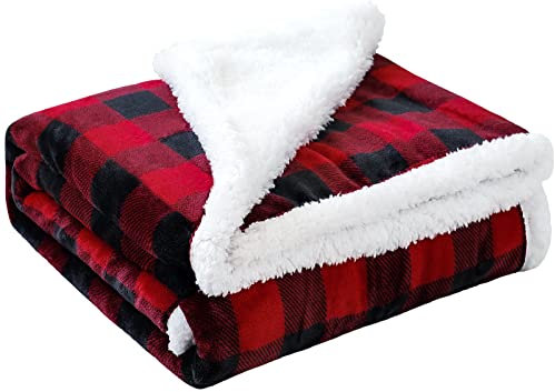 JOTOM Couverture en polaire super douce - Chaude, épaisse et confortable - Couverture de Noël à carreaux de buffle - Couverture pelucheuse pour canapé, lit simple, voyage, 127 x 152 cm (carreaux rouge