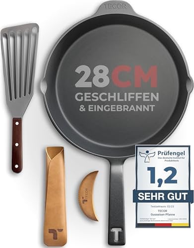 TECOR Gusseisenpfanne Induktion 28 cm geschliffen, universell, natürlich - Langlebige Pfanne Gusseisen induktion - Antihaft Gusspfanne induktion 28 cm einfach top Qualität - Cast iron pan induction