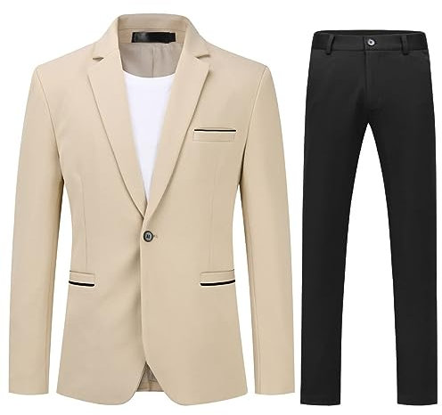 Allthemen Abito da Uomo 2 Pezzi Completo da Uomo Slim Fit Abito da Sposa con Un Bottone Elegante Cachi (Nero Pantaloni) XL