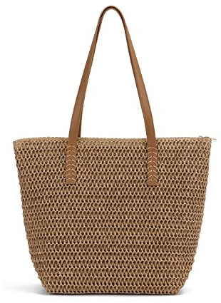 EVEOUT Sac en paille pour Femmes Été Sac à bandoulière de plage en tissu Grand sac à main en paille Sacs portés épaule en paille Brun clair