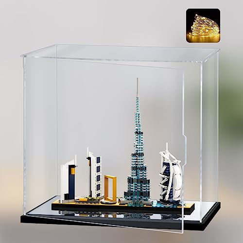 Naconmlet Acryl Vitrine/Schaukasten/Display Case/mit Spiegelboden und LED-Licht/Transparent Display Box für Lego Modellautos, Figuren, Sammlerstücke(35x15x40cm)