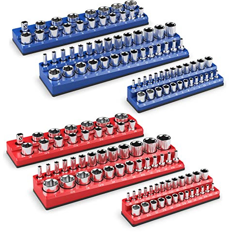 COSTWAY Organisateur de Douilles Magnétiques Entraînements 1/2 3/8 et 1/4, Kit de Support de Douille 6 Pièces S'adaptent Douilles Peu Profondes et Profondes, Rouge SAE Bleu Métrique