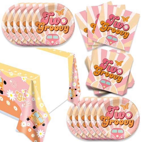 41pcs Two Groovy Party Supplies ,include 20 Plates, 20 Napkin and 1pcs Tablecloth,Used for Retro Hippie Rainbow Boho Birthday Party Decoration (DDD)