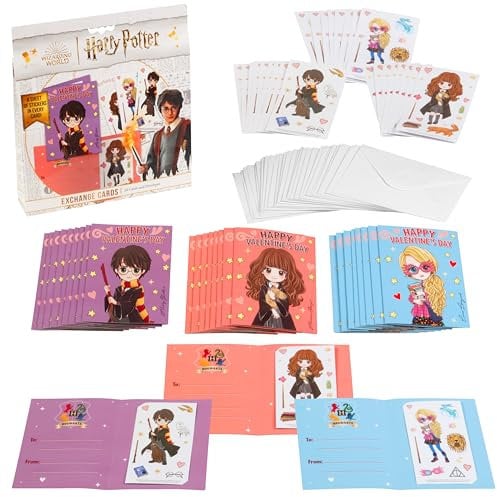 Harry Potter Valentines Day Cards with Stickers for Kids, 28 Card Pack & Envelopes - Harry, Hermione & Luna Anime Characters - School Classroom Parties for Boys & Girls 4+ - Officially Licensed