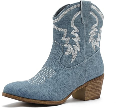 GLOBALWIN Women's Mid Calf The Western Cowboy Boots Fashion Cowgirl Boots For Women Low Heel, 22yy10 Denim Blue, 5.5 UK