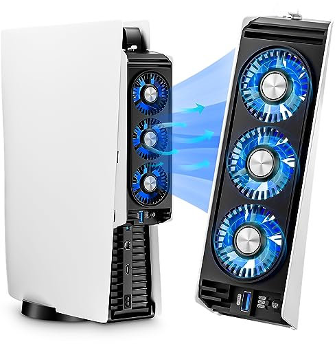 Ventilador de refrigeración para accesorios PS5, con 3 luces LED azules, 2 puertos USB 3.0, 2 velocidades de ventilador, compatible con consola PlayStation 5 digital/versión CD, estación de