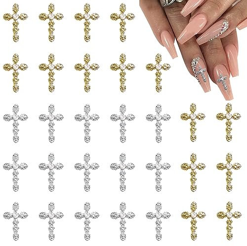 Kryzalite® Lot de 15 pendentifs en forme de croix en 3D doré + 15 pièces argentées - Diamants brillants et scintillants - Accessoires d'art d'ongles pour femme - Pour bricolage, nail art et artisanat