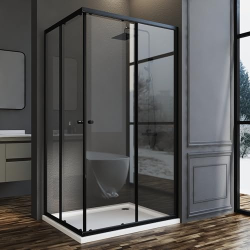 Duschkabine Eckeinstieg 80x100cm Schwarz Duschabtrennung mit Doppel Schiebetür, 100x80cm Schiebetüren Duschwand aus 6mm ESG gehärtetes Glas, Dusche Sicherheitsglas Duschtür Höhe 185cm