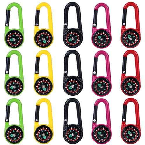 15 Pcs Kompass Mit Karabinerhaken, Kompass Schlüsselanhänger, Kompass Karabiner Outdoor, Mini Kompass Taschenkompass Schlüsselanhänger Karabiner Für Camping, Wandern,Reisen