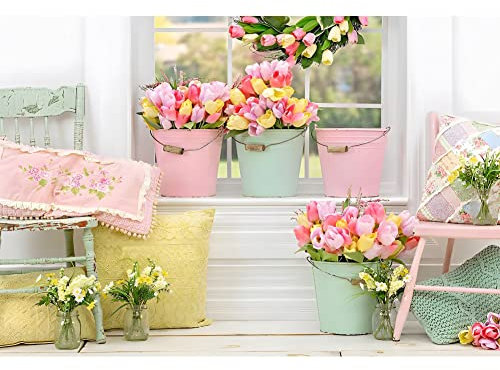 Ttincceer Blume Frühling Hintergrund 180x120cm Bunte Tulpe Fass von Fenster Fotografie Hintergrund Retro Stuhl Kissen Fotografie Hintergrund Studio Portrait Shot Prop