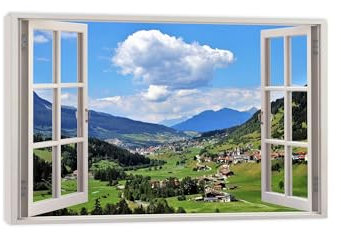 RKGHDCX Leinwandbild Fensterblick Fernsicht Bilder. Landschaftsbilder auf Leinwand. Wandbilder Wohnzimmer. Bild Fenster mit Ausblick. Aesthetic Room Decor. Wanddeko Schlafzimmer90x135(35x53in) Rahmen