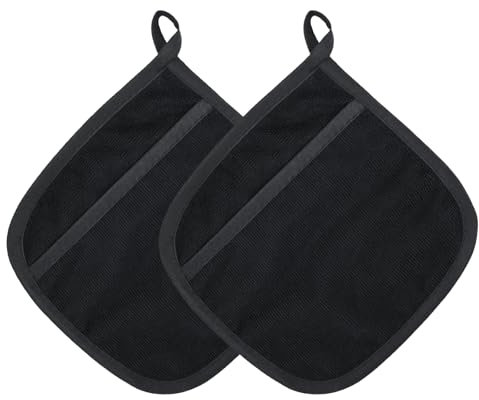 Bekecidi 2 Pack Oven Pot Holders with Pocket, Oven Mitt Oven Gloves Pot Holders Heat Resistant Non-slip, Square Hot Pads Potholders for Cooking Baking Kitchen (Black)