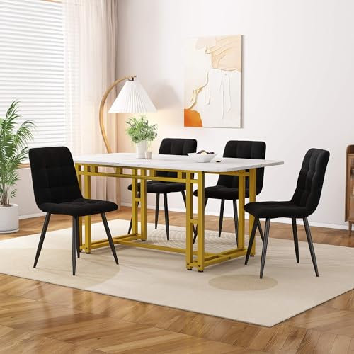 HYUB Esszimmergruppe mit Esstisch und 4 Schwarz Stühlen, Esszimmerset mit Golden Tischbeine, für Küche und Wohnzimmer, Scandinavian Essensstuhl aus Samt, für Familientreffen Geeignet