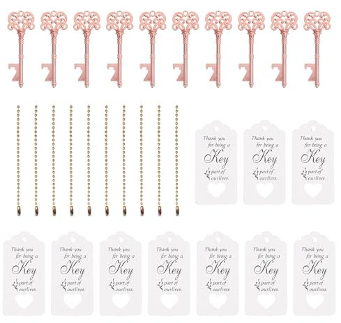 PATIKIL Vintage Key Bottle Openers, 10 Pcs Wedding Party Favor Souvenir Gift Set with Thank You Tag, Key Chains for Guests, Rose Golden, White