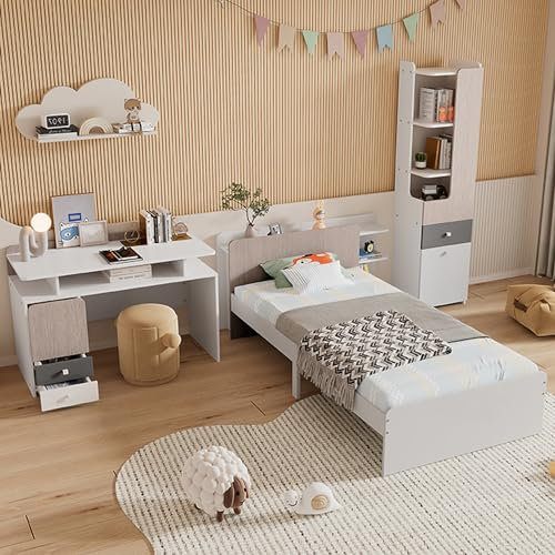 Komplettschlafzimmer Set, Jugendzimmerkombination, Einzelbett + Schreibtisch + Bücherregal, Jugendbett mit Regale, mit Schubladen, MDF + Mehrschichtplatte, 90x200cm, Weiß + helle Ulmefarbe + Grau