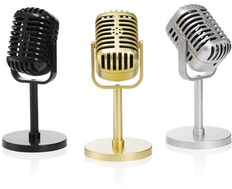 WRINGKIT 3 Pack Retro Microphone Prop, Classic Vintage Microphone Prop Model with Stand, Plastic Microphone Decor, Microphone Costume Prop Toy for Antique Classic Party Decor, Gold Silver Black