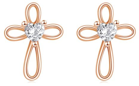 VONALA Cross Earrings 925 Sterling Silver Rose Gold Heart Cross Stud Earrings Religious Christian Baptism Jewelry First Communion Day Gifts for Women