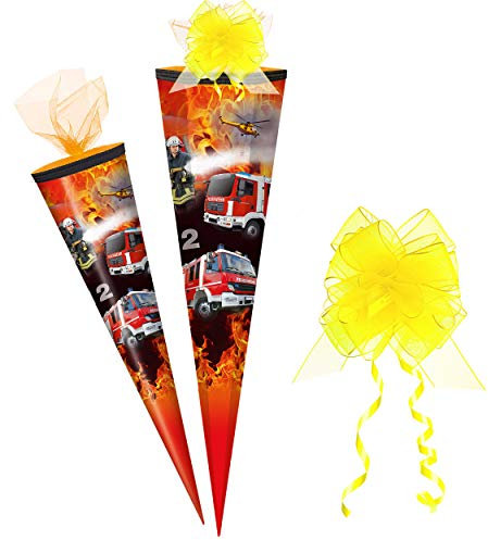 alles-meine.de GmbH Schultüte - mit 3D Glitzer - Effekt ! - Feuerwehr - Feuerwehrmann & Feuerwehrauto - 50-85 cm - Größe wählbar - eckig - incl. Schleife - Tüllabschluß - Z..