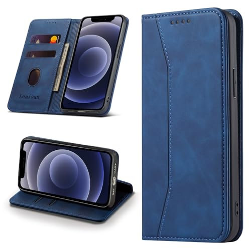 Leaisan Handyhülle für iPhone 12 Mini Hülle Premium Leder Flip Klappbare Stoßfeste Magnetische [Standfunktion] [Kartenfächern] Schutzhülle für iPhone 12 Mini Tasche - Blau
